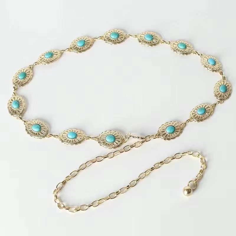 Fashion Europe and the United States turquoise chain belt explosive women's belt metal waist chain small waist thin waist chain
