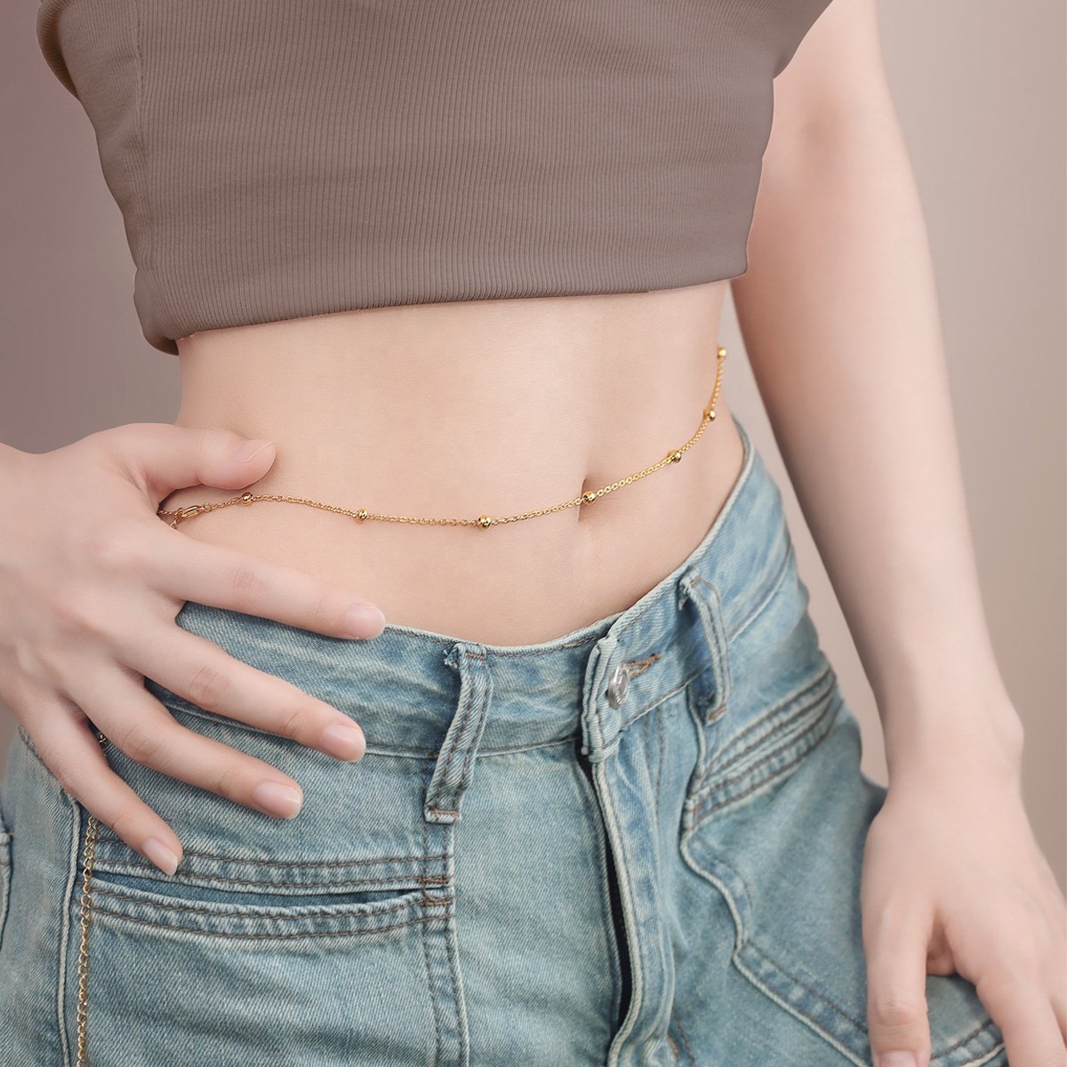 Fashion Jewelry PVD Gold Plated Stainless Steel Satellite Bead Waist Belly Body Chain For Women