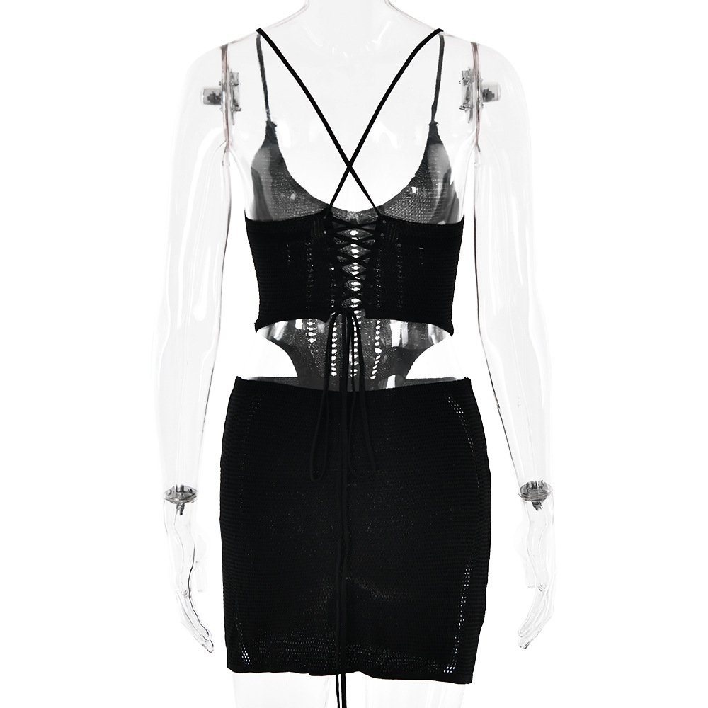 STOCK 3Colors Lace Up Back Crochet Women Two Pieces Set Knit Mini Skirt Crop Bikini Top