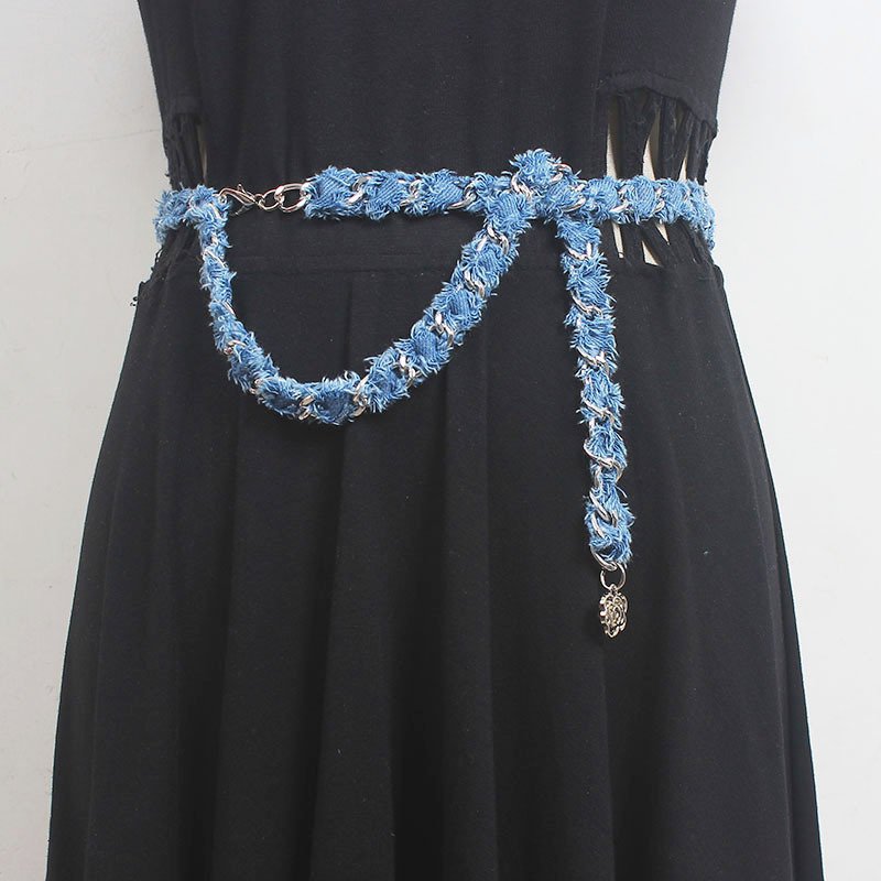 Hot Selling Designer Leather Belts Classic Denim Fabric Camellia Chain Belts Adjustable Thin Waist Chain Women Dress Decoration