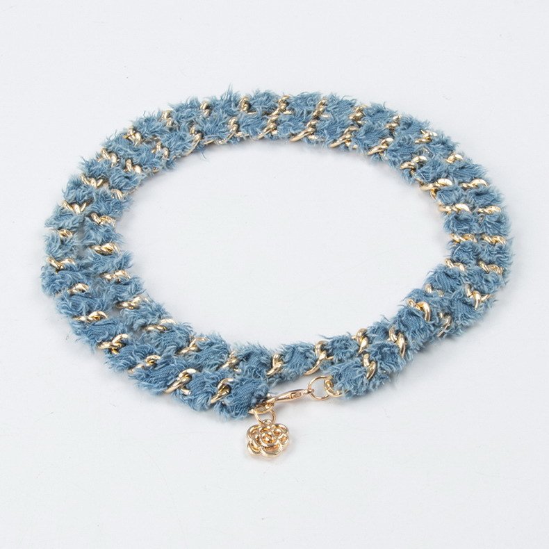 Hot Selling Designer Leather Belts Classic Denim Fabric Camellia Chain Belts Adjustable Thin Waist Chain Women Dress Decoration