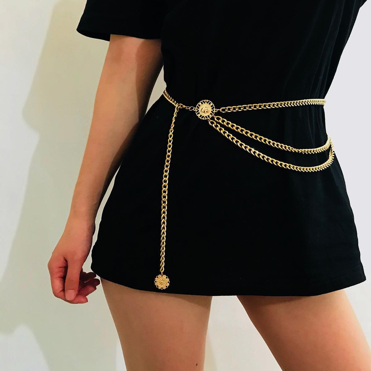 Women Chain Belt Multi Layer Waist Chain Metal Belt, Adjustable Chain Belt for Pants Dresses, Metal Link Body Belly Waist Chain