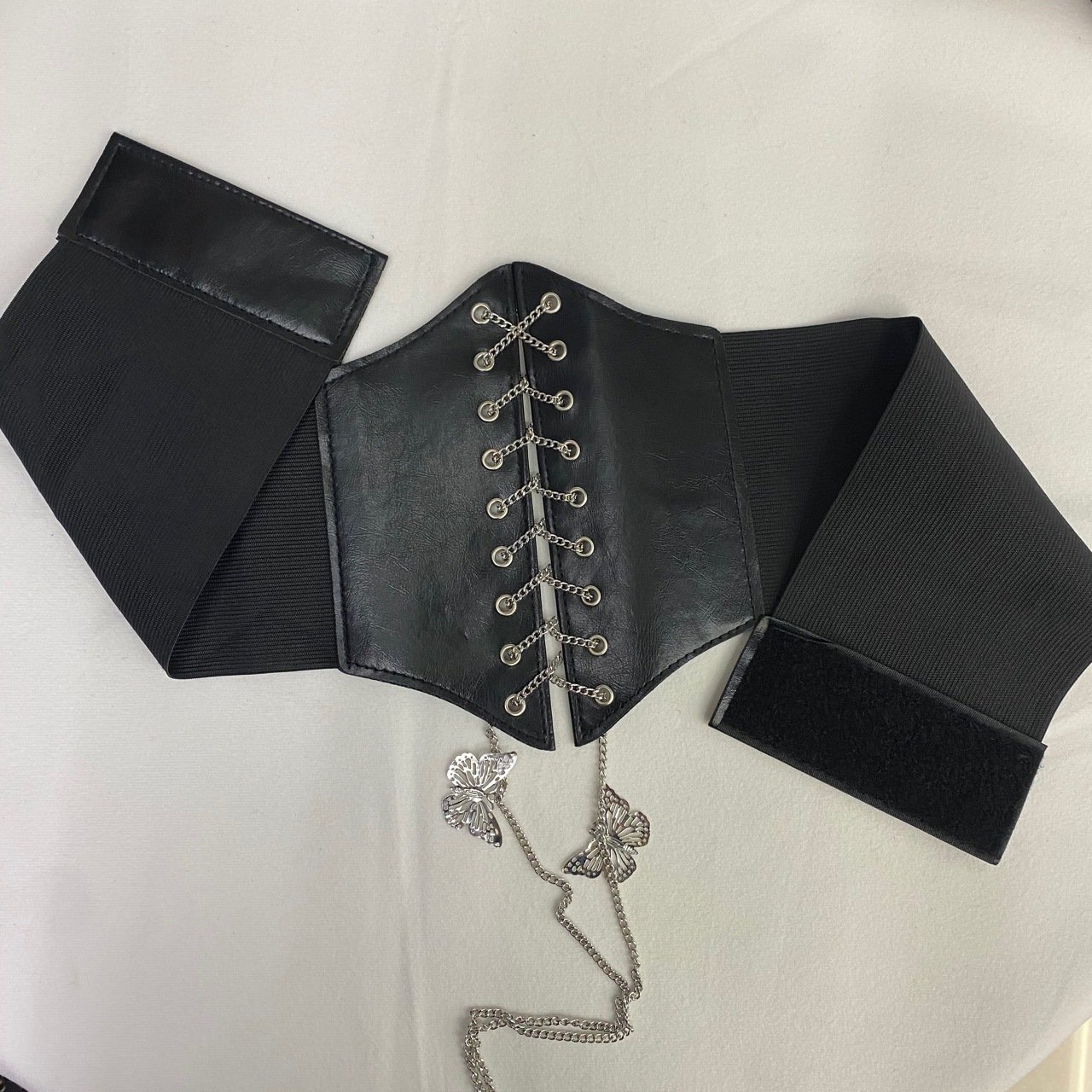 Hot Selling Fashion Metal Chain Butterfly Pendant Pu Waist Belt Women's Elastic Wide Belt For Dress