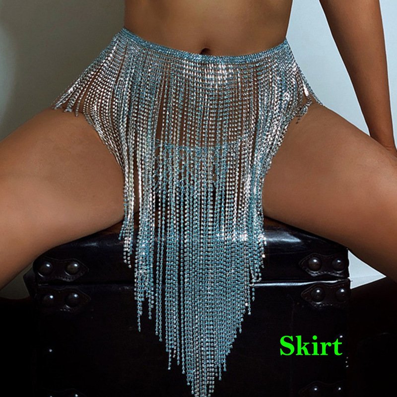 Rhinestone Blue Tassel Body Chains Bling Crystal Bikini Bra Panties Short Skirt for Women Waist Belt Chains Jewelry