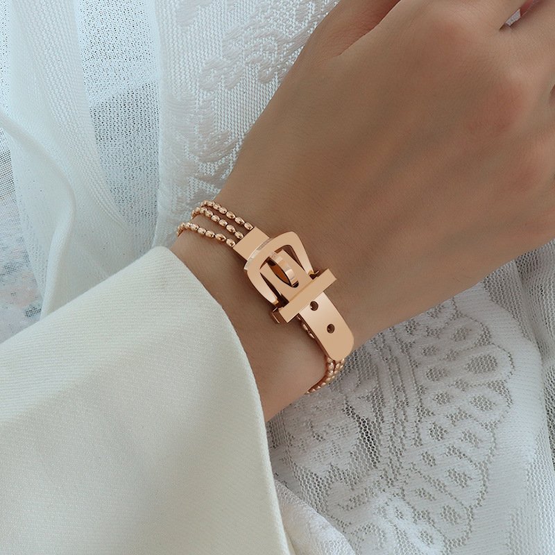 Fashion titanium steel 18k gold bracelet watch belt buckle three-layer rice bead box chain bracelet for women