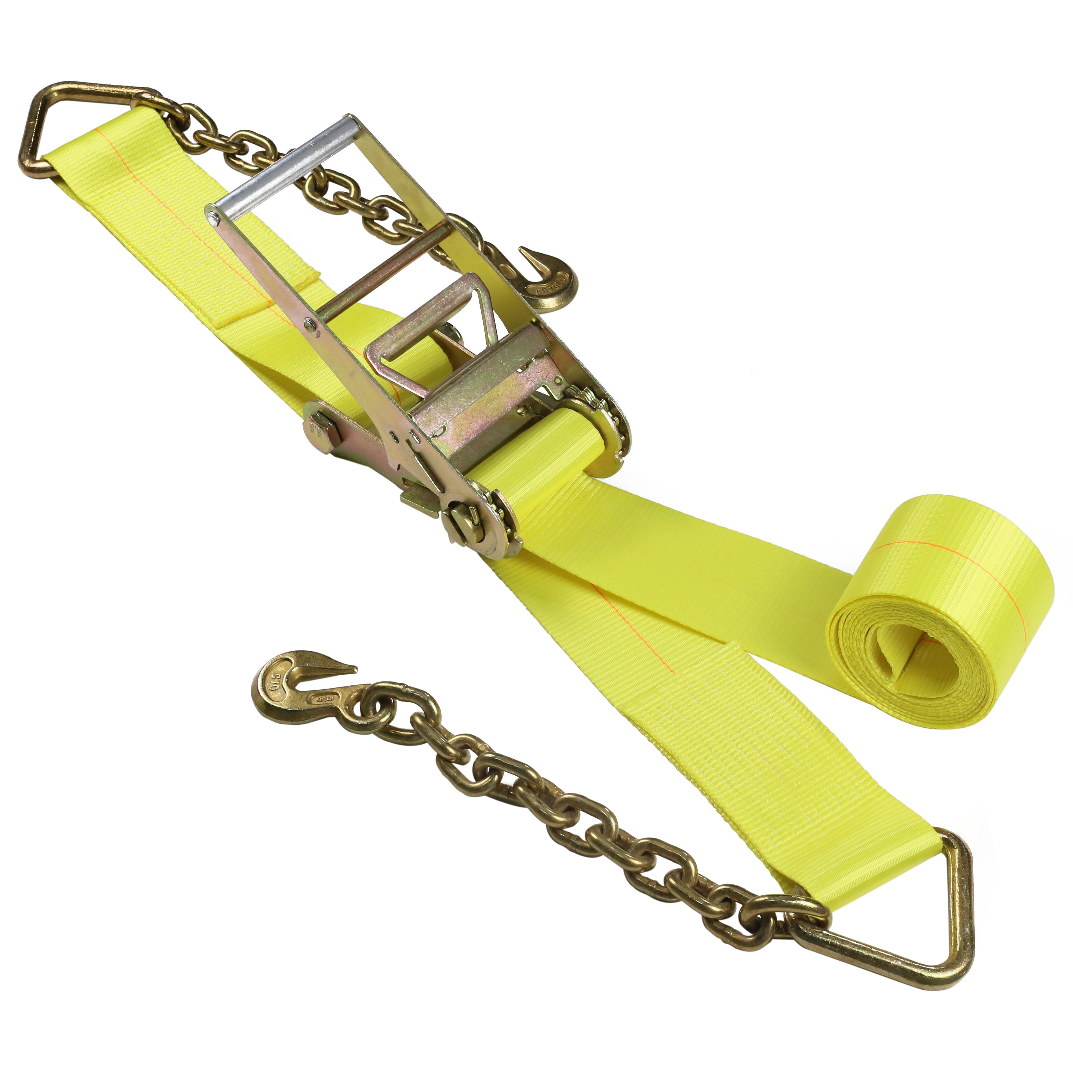 Heavy Duty US Type 4 Inch X 30 FT 5400 lbs WLL Transport Tying Down Loads Belt Polyester G70 Chain Hook Ratchet Buckle Strap