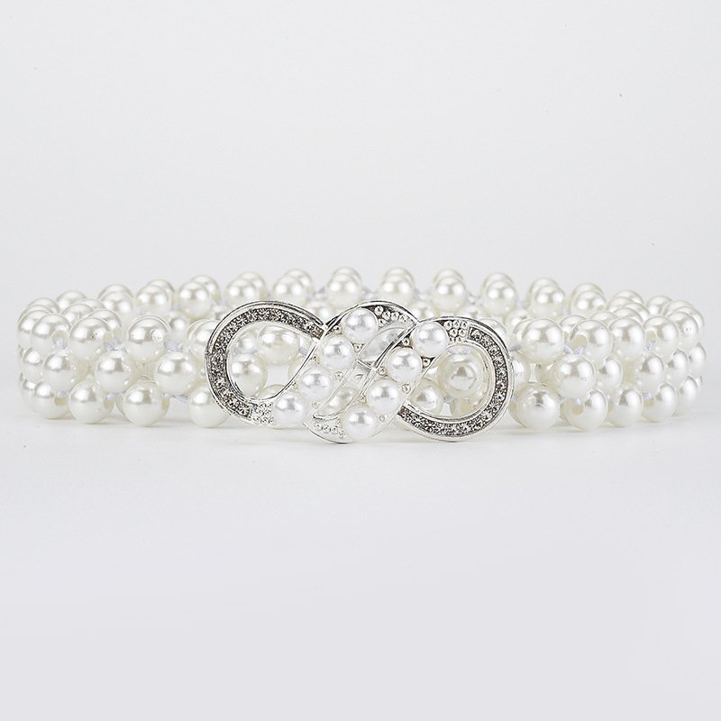Korean Women's Rhinestone Pearl Waist Chain Fashion Dress Decorated Elastic Belt Women's Sweet Flower Elastic Waistband