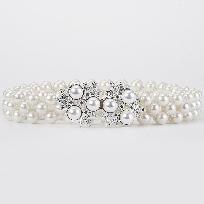 Korean Women's Rhinestone Pearl Waist Chain Fashion Dress Decorated Elastic Belt Women's Sweet Flower Elastic Waistband