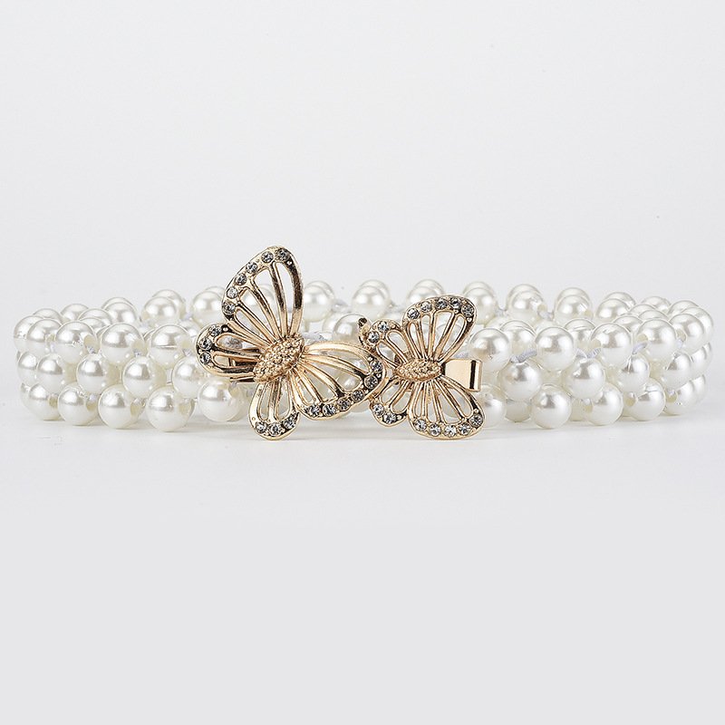 Korean Women's Rhinestone Pearl Waist Chain Fashion Dress Decorated Elastic Belt Women's Sweet Flower Elastic Waistband