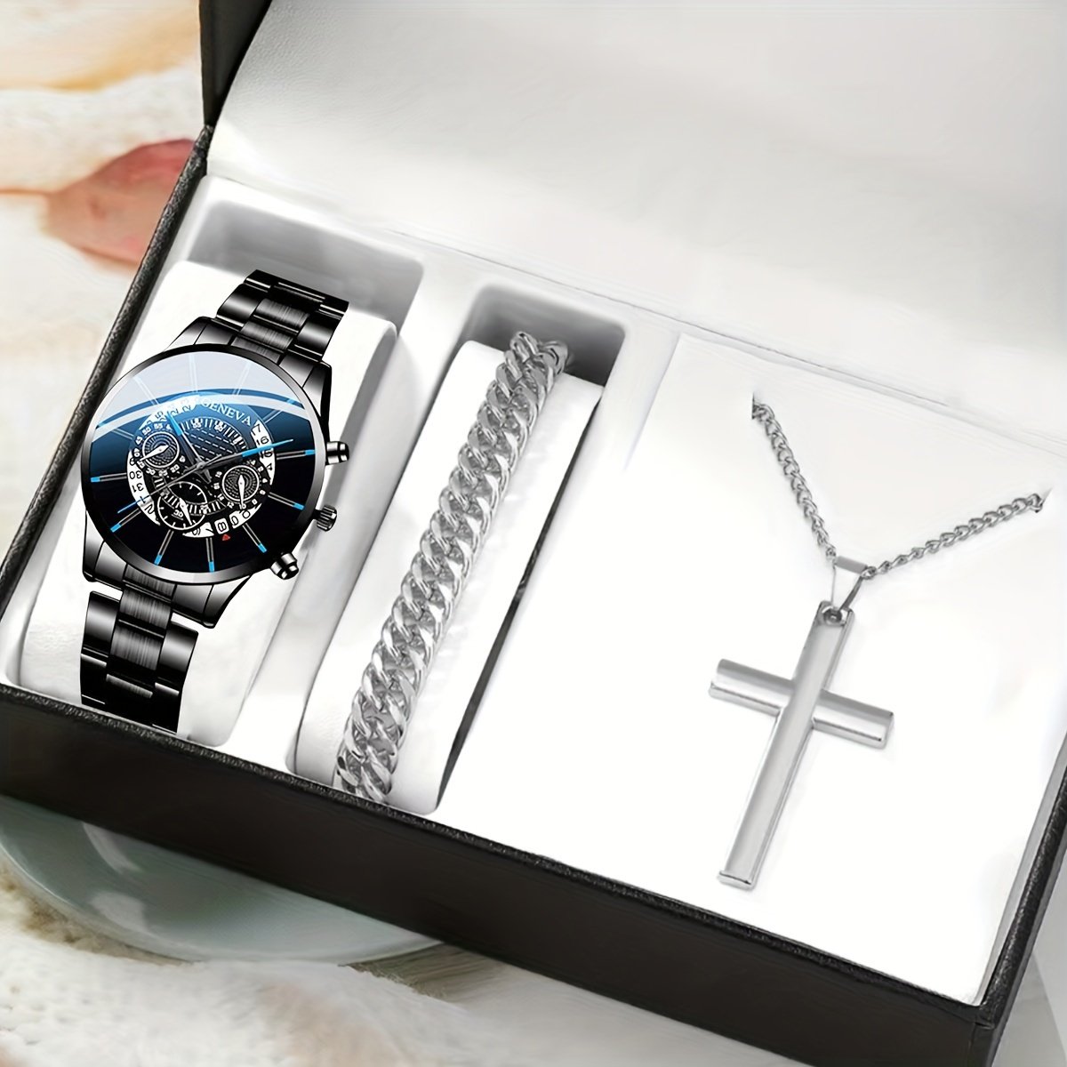 6273 Cool Men's 3pcs Watch Set Steel Belt Luxury Calendar Quartz Watches & Silver Chain Cross Necklace Jewelry Sets Gift For Man