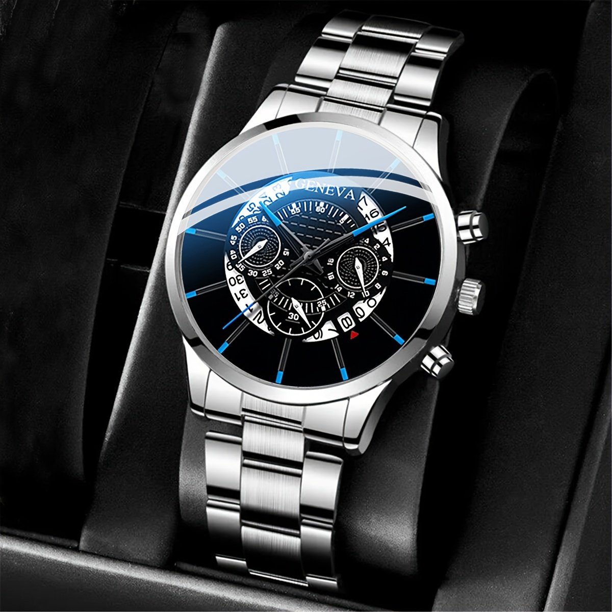 6273 Cool Men's 3pcs Watch Set Steel Belt Luxury Calendar Quartz Watches & Silver Chain Cross Necklace Jewelry Sets Gift For Man