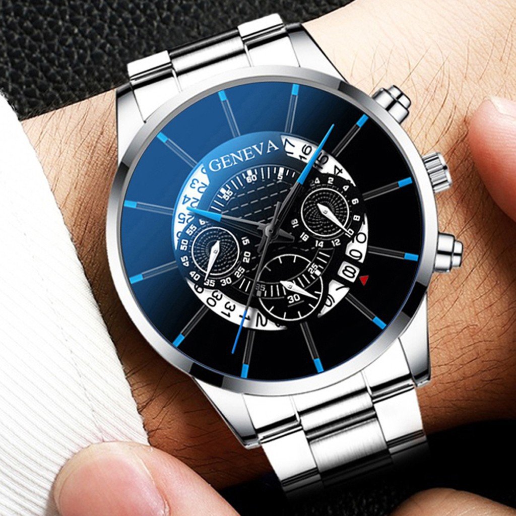 6273 Cool Men's 3pcs Watch Set Steel Belt Luxury Calendar Quartz Watches & Silver Chain Cross Necklace Jewelry Sets Gift For Man