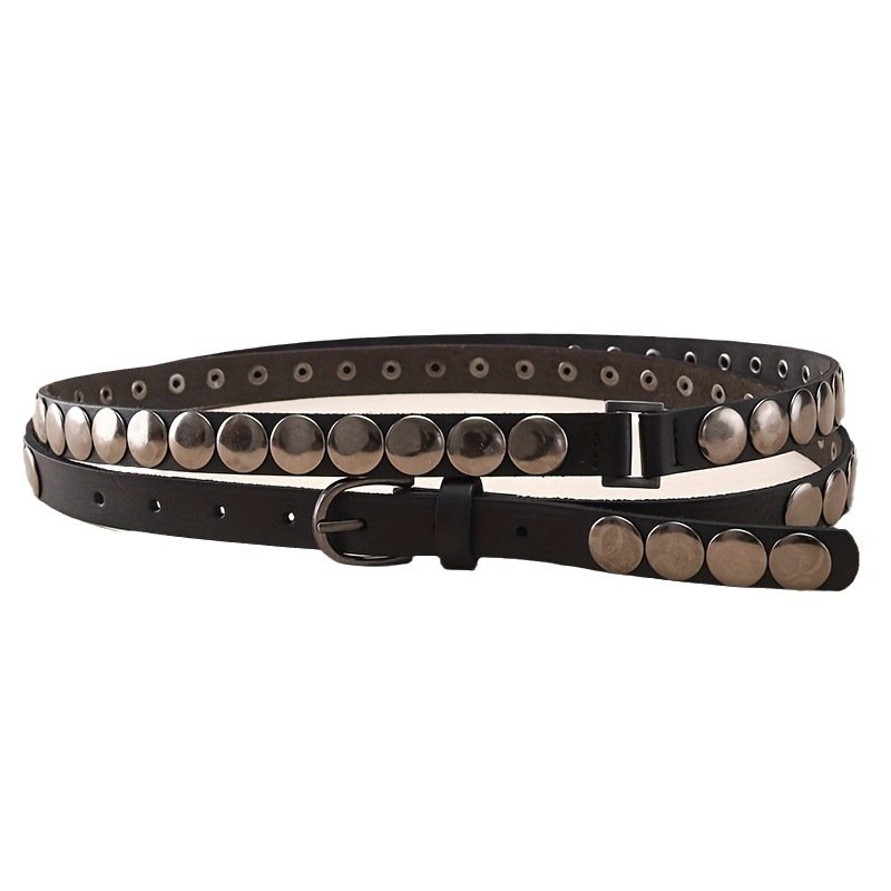 New arrive Y2K Women's Genuine Leather Belt Punk-Style Stud Waist with Extended Skinny Design Vintage Leather Accessory