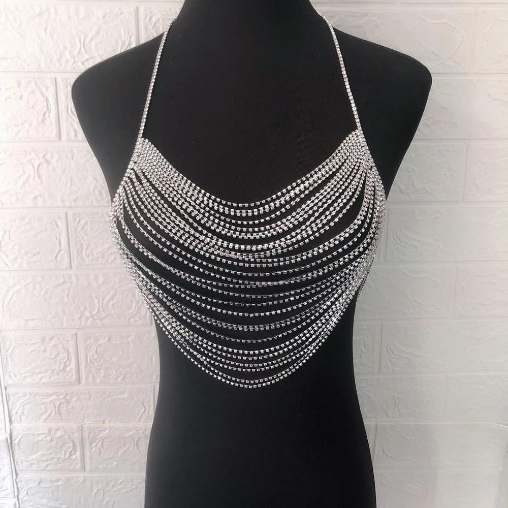 Popular Products Jewelry Luxury Gold Shiny Crystal Rhinestone Decor Bra Body Chest Bikini Chain Sexy Top Belt Fashion For Women