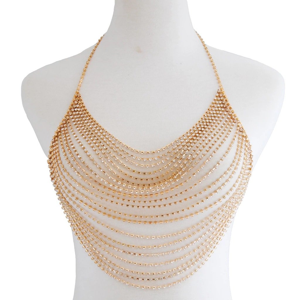 Popular Products Jewelry Luxury Gold Shiny Crystal Rhinestone Decor Bra Body Chest Bikini Chain Sexy Top Belt Fashion For Women