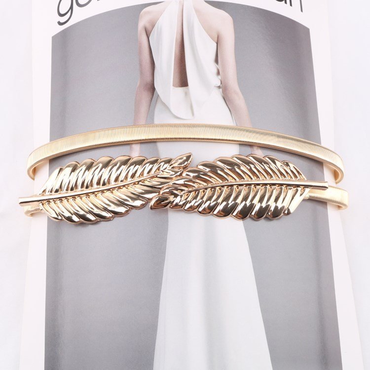 Designer personality elastic metal leaf chain elastic belt Silver elastic waist chain with skirt decoration small belt women