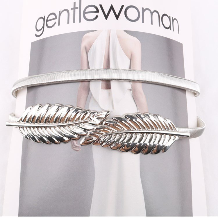 Designer personality elastic metal leaf chain elastic belt Silver elastic waist chain with skirt decoration small belt women