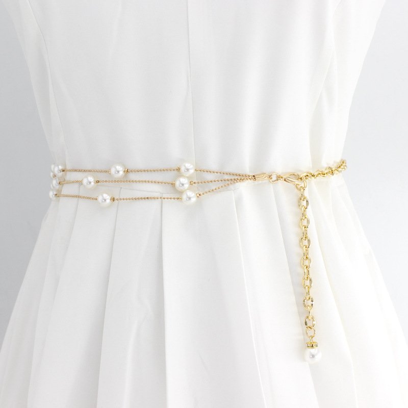 Women's Belt Shell Pearl Waist Chain Thin Metal Belt Dress Korean Style Tassels Wholesale Designer Chain Belt Women Waist