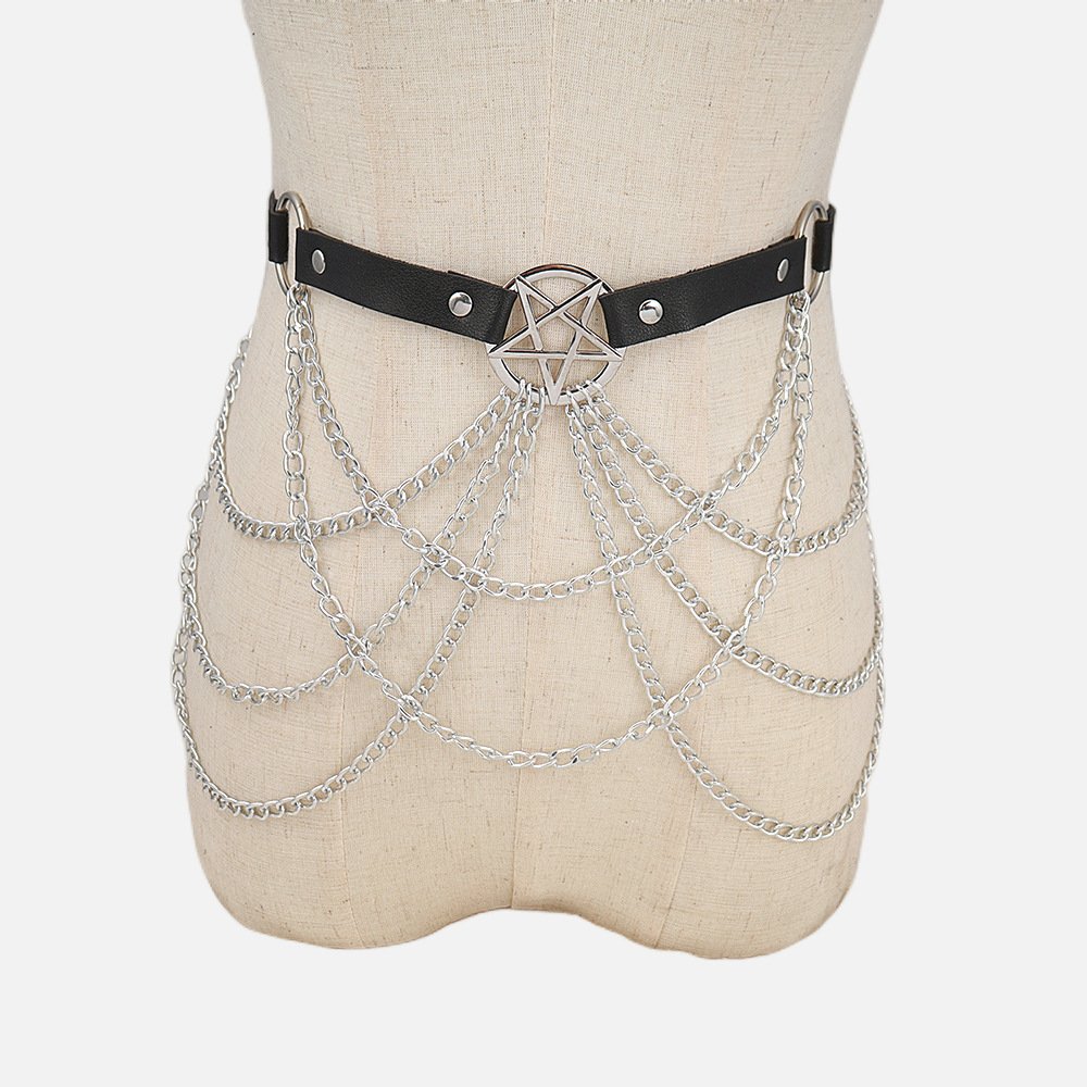 Halloween Five Pointed Star Chain Leather Sexy Belt Body Chain Multi Layered Cross Hollow Tassel Waist Chain Women
