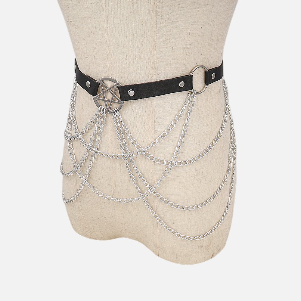 Halloween Five Pointed Star Chain Leather Sexy Belt Body Chain Multi Layered Cross Hollow Tassel Waist Chain Women