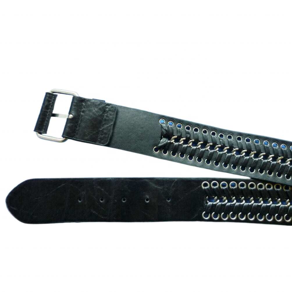 men belts pu leather 6cm jeans belts with eyelets studs and chains braided with covered roller pin buckle