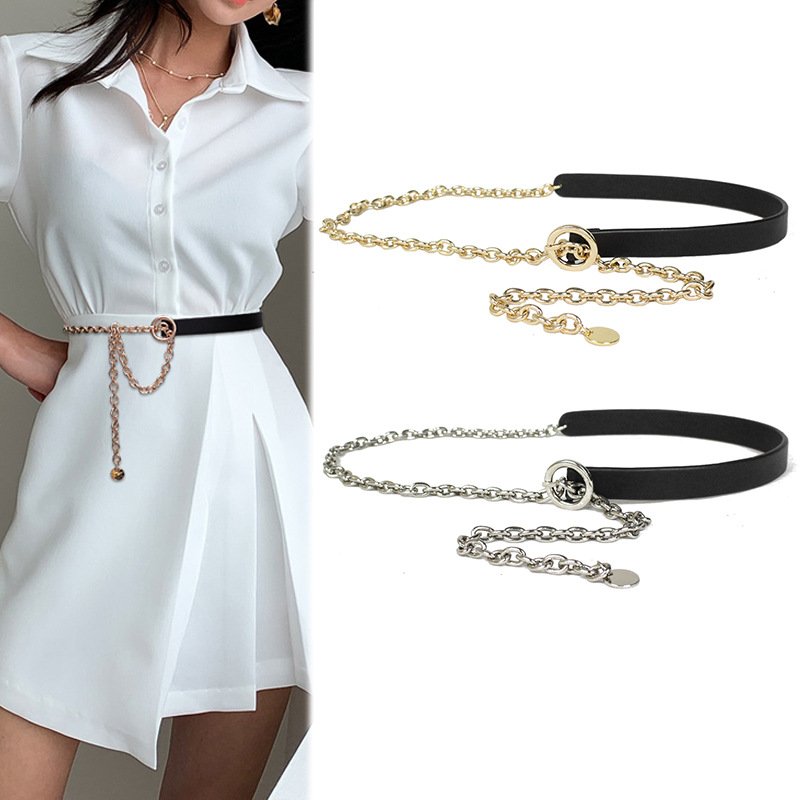 Metal leather stitching thin belt For Women dress decoration waist chain