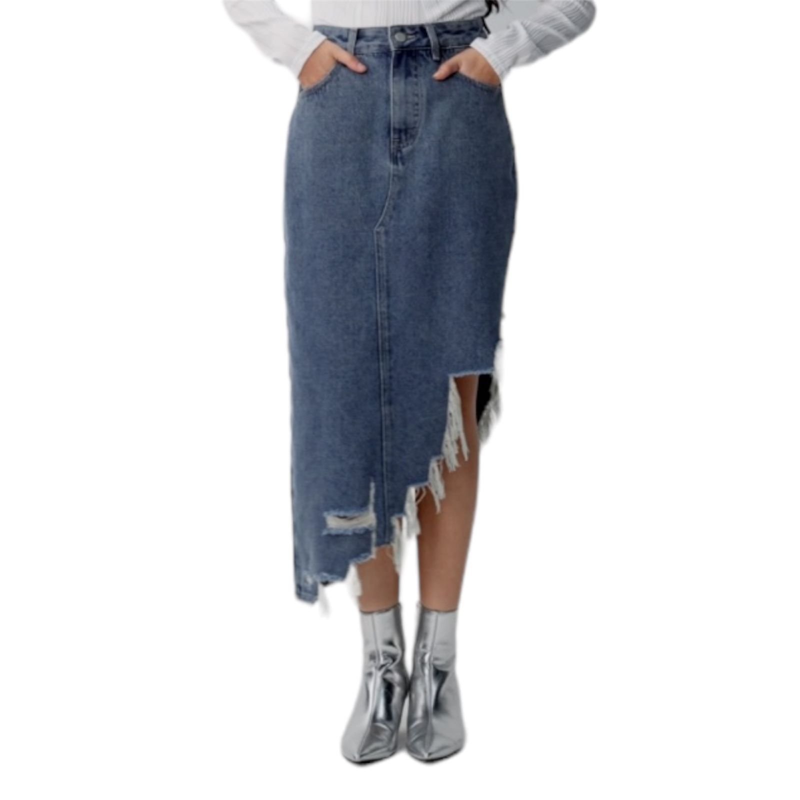 Women's Trendy Fancy Front Cut Denim Midi Skirt Customizable Casual Style Logo Waist Available Multi Colors Wholesale Prices