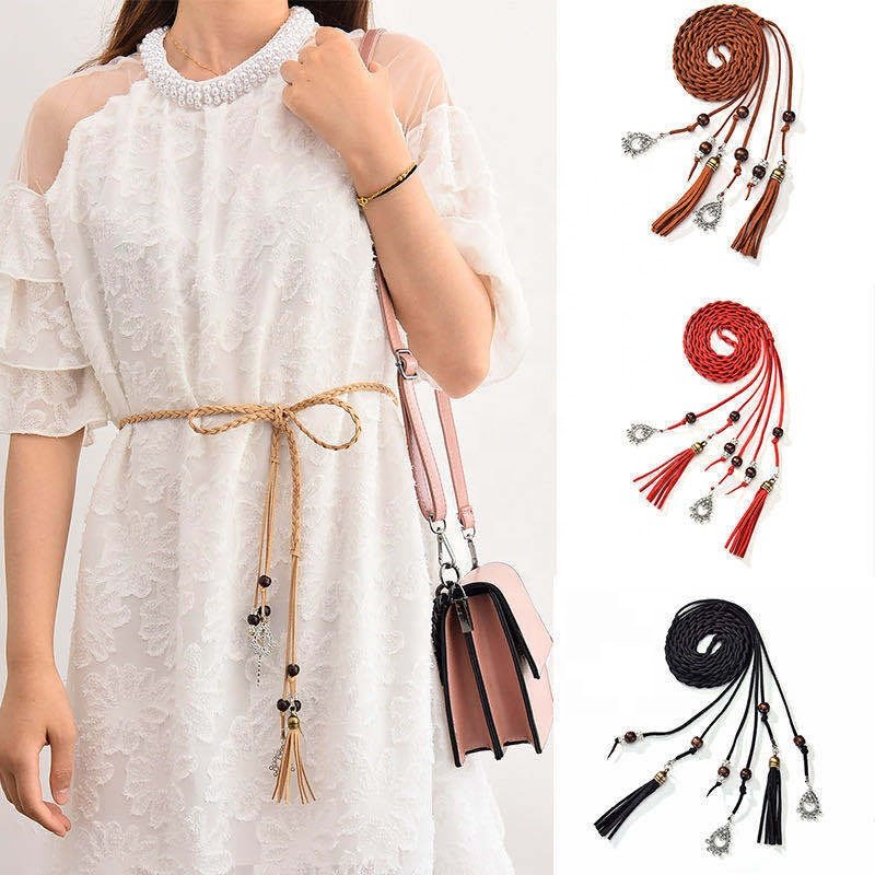 Multi-color Elegant Lady Wrap Thin Knotted Chain Faux Leather Skinny Woven Waist Belt with Tassels Beads