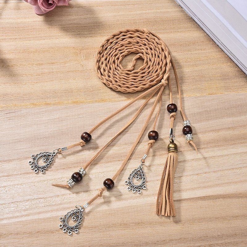 Multi-color Elegant Lady Wrap Thin Knotted Chain Faux Leather Skinny Woven Waist Belt with Tassels Beads
