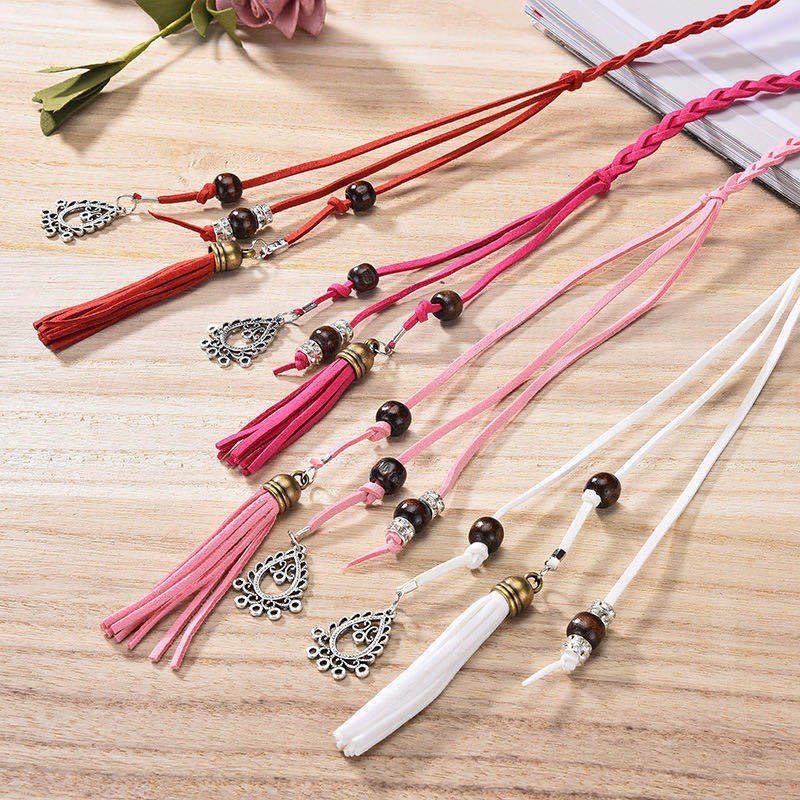 Multi-color Elegant Lady Wrap Thin Knotted Chain Faux Leather Skinny Woven Waist Belt with Tassels Beads