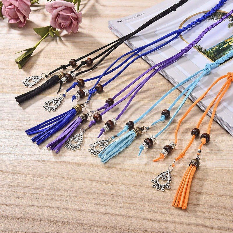 Multi-color Elegant Lady Wrap Thin Knotted Chain Faux Leather Skinny Woven Waist Belt with Tassels Beads