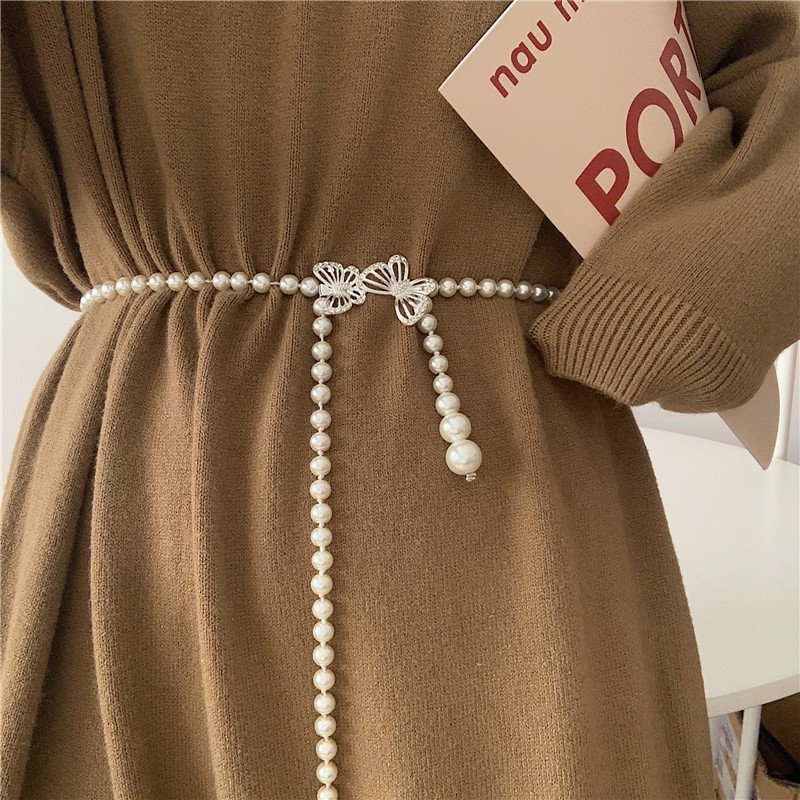 Fashion Elegant Dress Decorate Butterfly Pearl Waist Women Elegant Chain Belt For Ladies Dress Waist Chain Belts