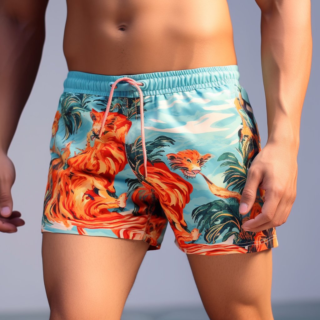 Men Swim Shorts Printed Drawstring Swim Trunks Beachwear Briefs 3 Inch Swimming Shorts Beach Pants