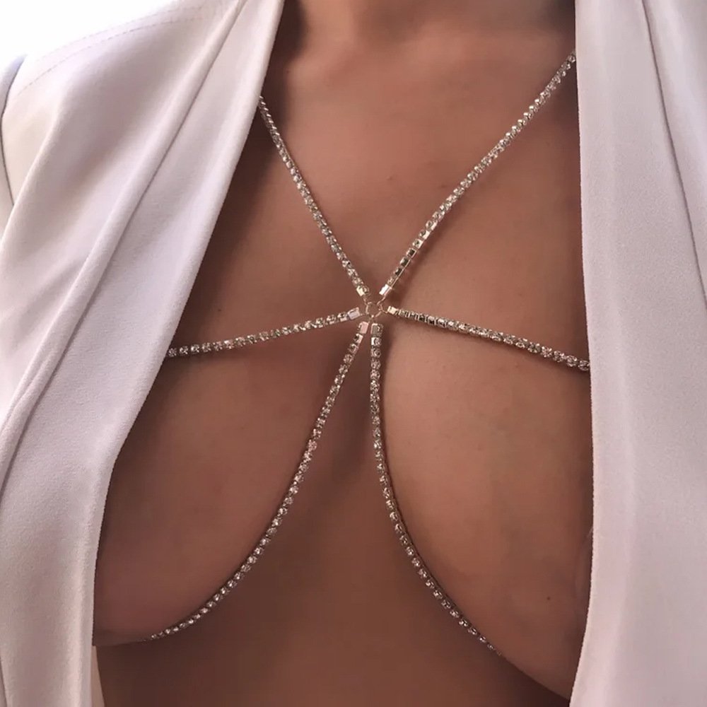 New Simple Water Diamond Chest Chain, Sexy and Personalized Neck-Hanging Water Diamond Chest Ornament, Women's Body Chain