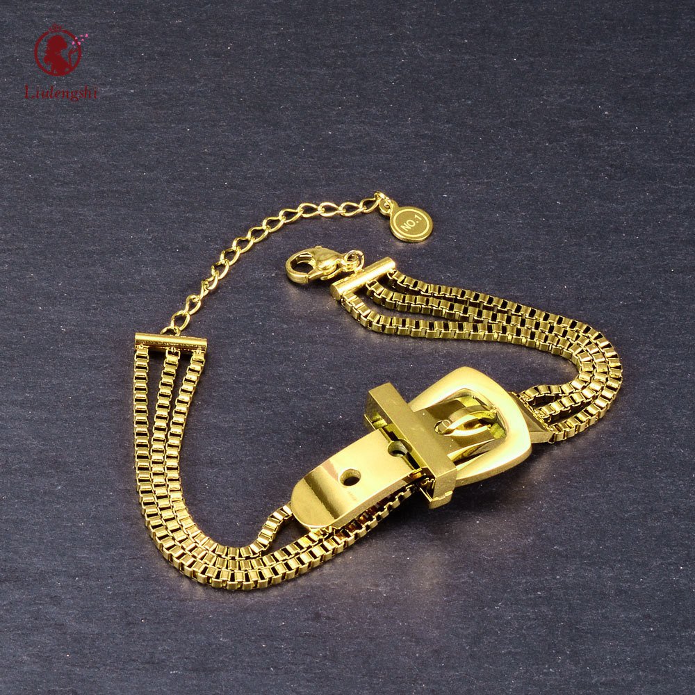 Woman 18K Gold Plated Stainless Steel Triple Layers Belt Chain Bracelet Stainless Steel Classic Belt Buckle Link Chain Bracelet