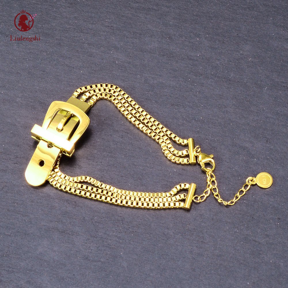 Woman 18K Gold Plated Stainless Steel Triple Layers Belt Chain Bracelet Stainless Steel Classic Belt Buckle Link Chain Bracelet
