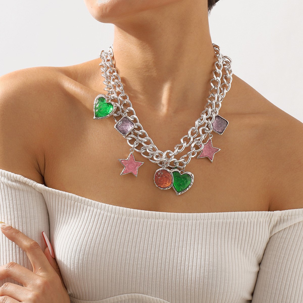 Fashion Chunky Chain Necklace Punk Layered Choker Cuban Link Chain Necklace with Heart Star Pendant Statement Necklace