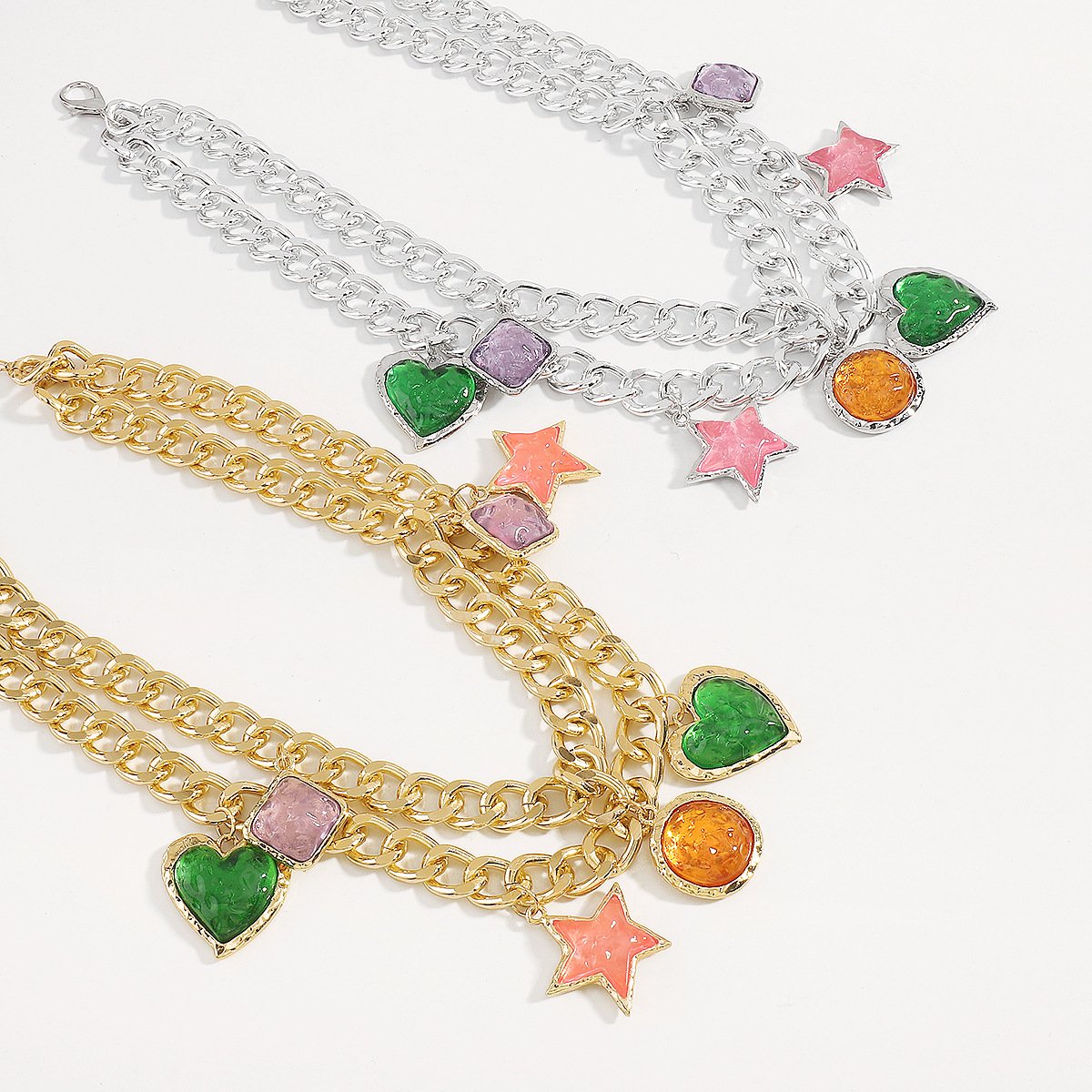 Fashion Chunky Chain Necklace Punk Layered Choker Cuban Link Chain Necklace with Heart Star Pendant Statement Necklace