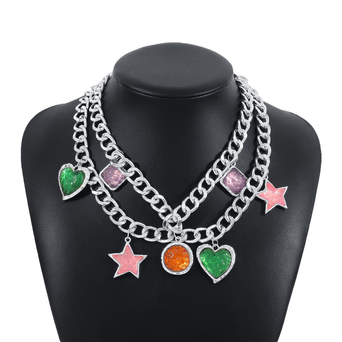 Fashion Chunky Chain Necklace Punk Layered Choker Cuban Link Chain Necklace with Heart Star Pendant Statement Necklace
