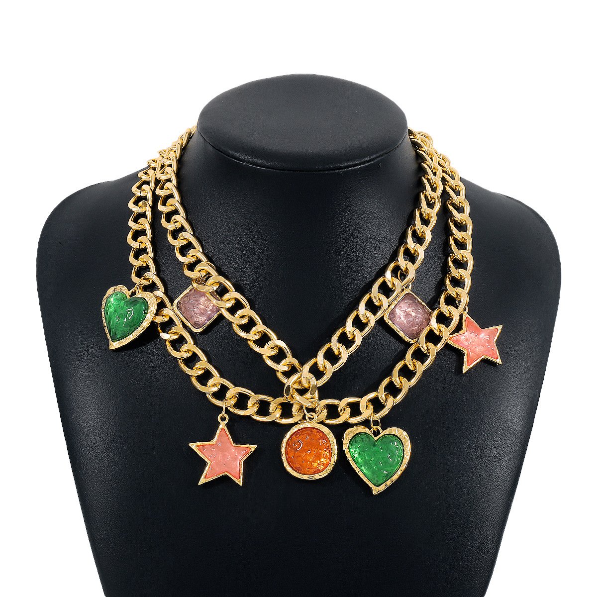 Fashion Chunky Chain Necklace Punk Layered Choker Cuban Link Chain Necklace with Heart Star Pendant Statement Necklace