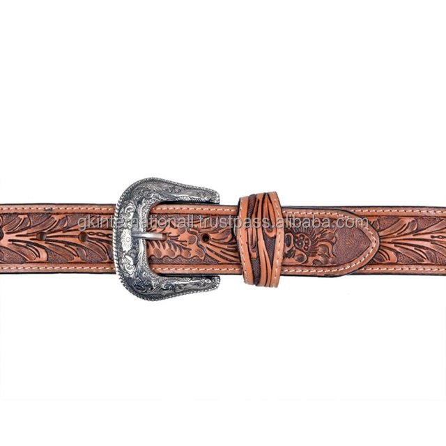 Trendy Hand carved Leaf design embossed men's western leather tooling belt with floral engraved antique brass buckle all sizes