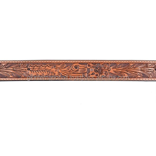Trendy Hand carved Leaf design embossed men's western leather tooling belt with floral engraved antique brass buckle all sizes