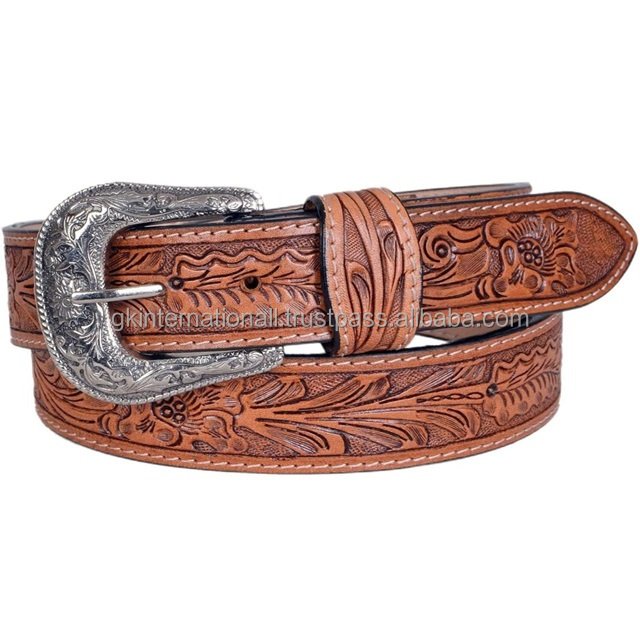 Trendy Hand carved Leaf design embossed men's western leather tooling belt with floral engraved antique brass buckle all sizes