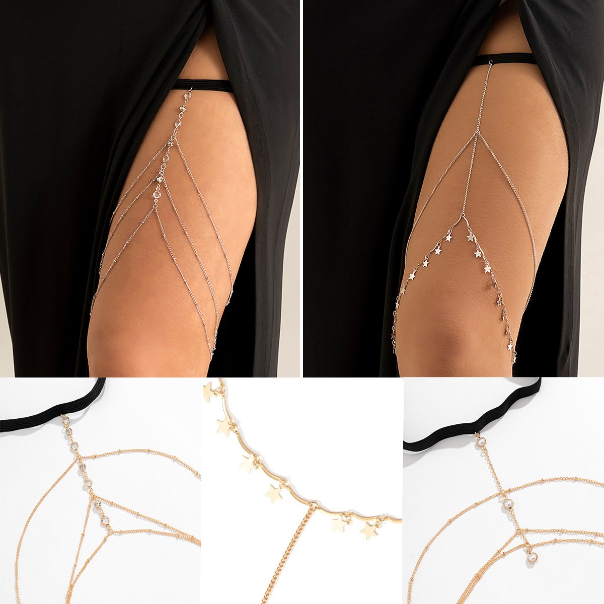 Sexy casual beach imitation pearl leg ring body chains Simple geometric star rhinestone tassel body chains