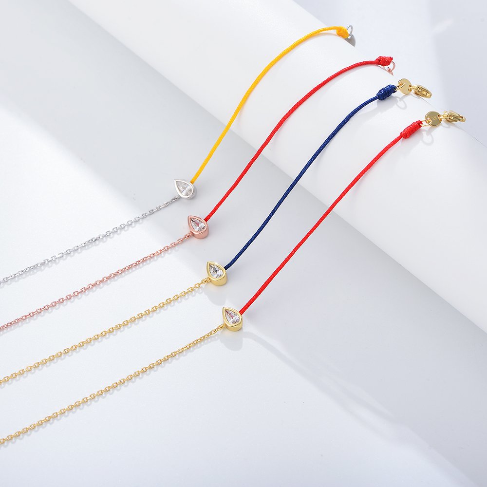 Chinese Retro 925 Sterling Silver Female Adjustable Chain 14k Gold Plated Transfer Belt pear Zircon Stitching red Rope Bracelet