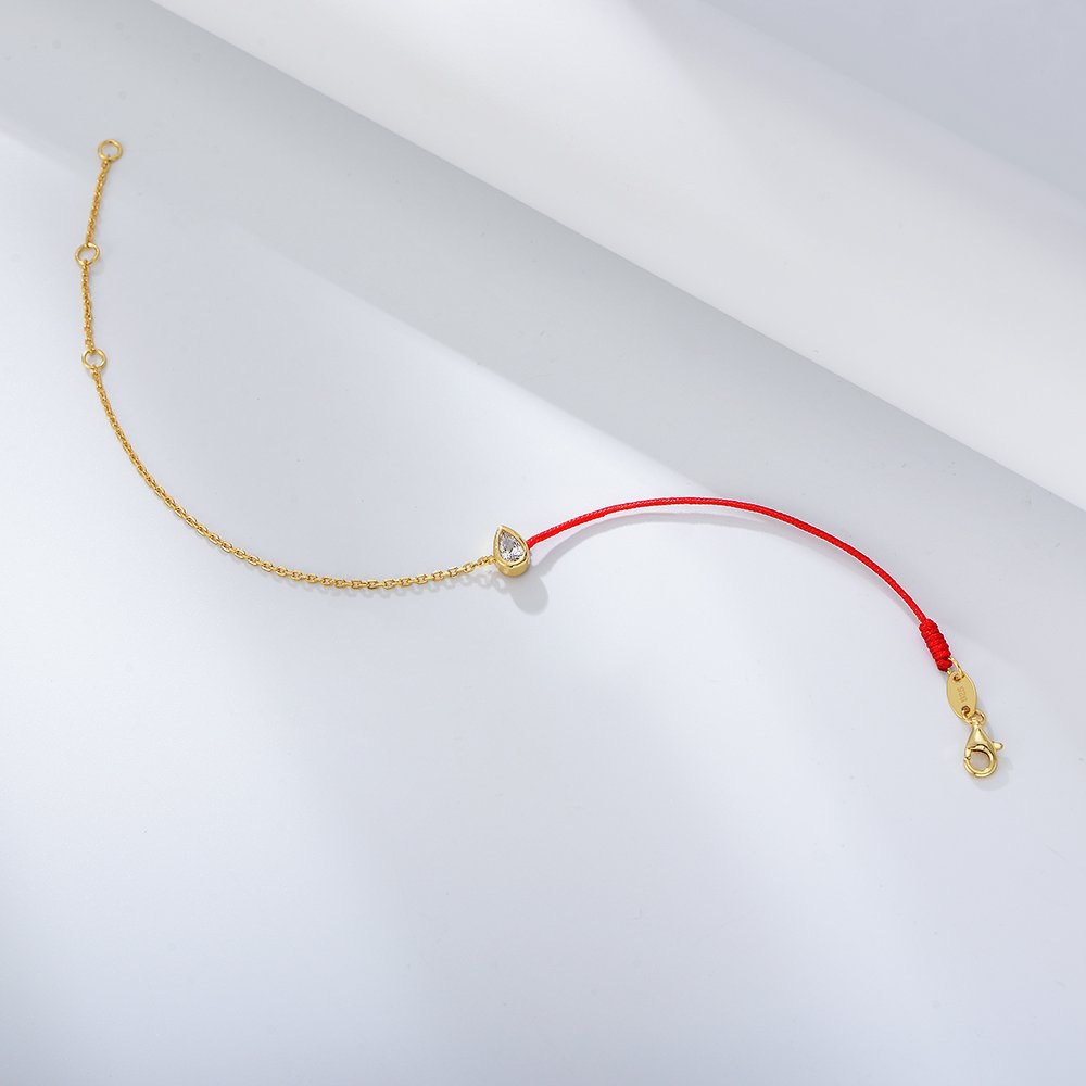 Chinese Retro 925 Sterling Silver Female Adjustable Chain 14k Gold Plated Transfer Belt pear Zircon Stitching red Rope Bracelet