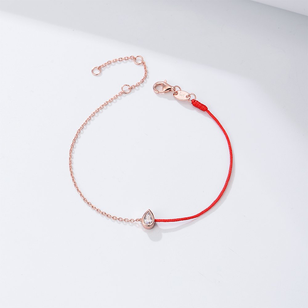 Chinese Retro 925 Sterling Silver Female Adjustable Chain 14k Gold Plated Transfer Belt pear Zircon Stitching red Rope Bracelet