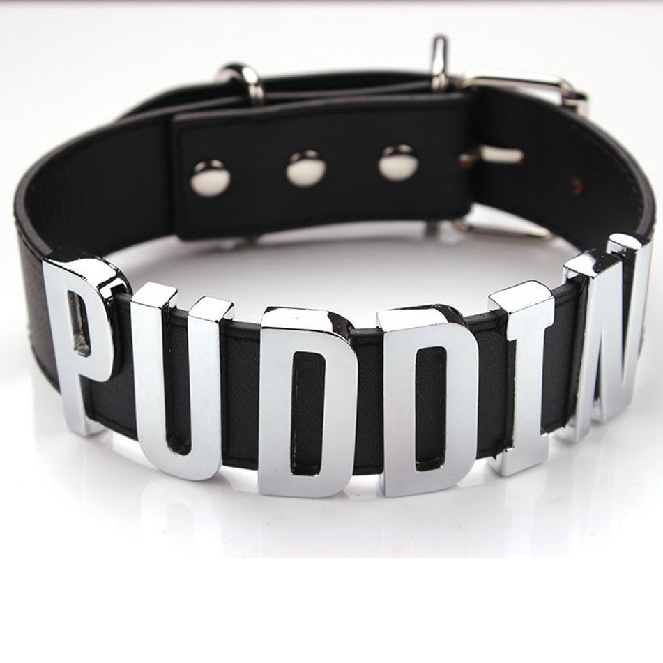 Fashion High Neck Black Belt Letter Gold Puddin Choker Necklace Collar for Harley Necklace for Women