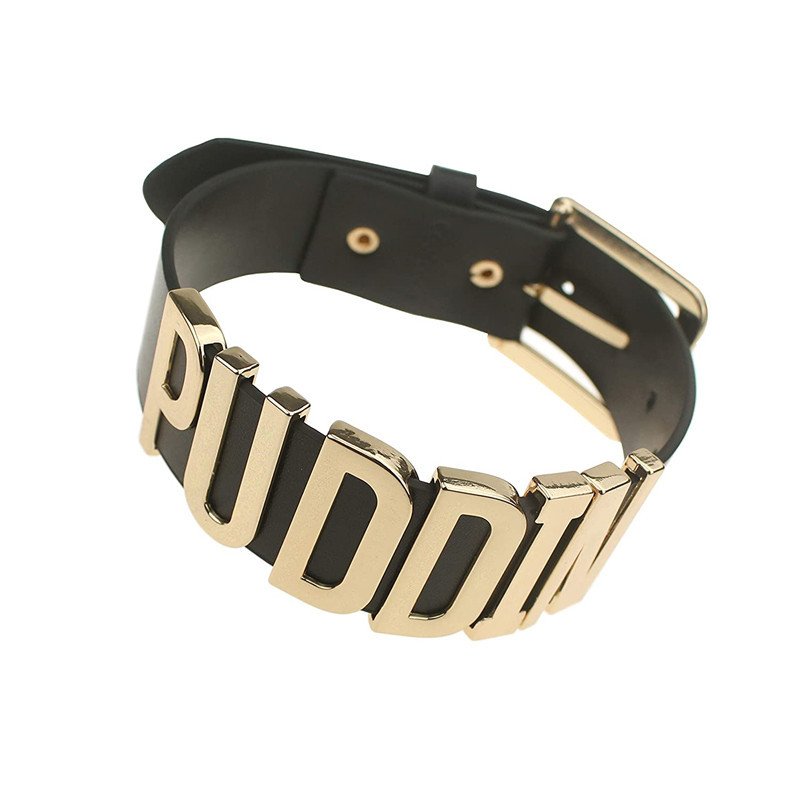 Fashion High Neck Black Belt Letter Gold Puddin Choker Necklace Collar for Harley Necklace for Women