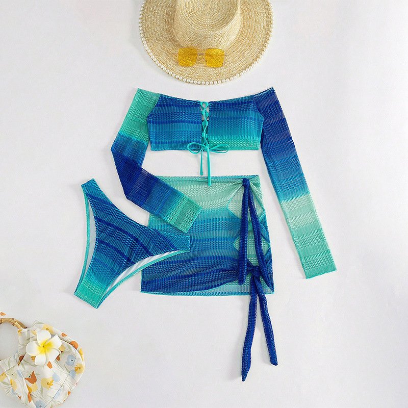 NEW STOCK Bandeau Top Women 3Pieces Swimwear Long Sleeve Crop Top Knitted Skirt Brazilian Bikini Set